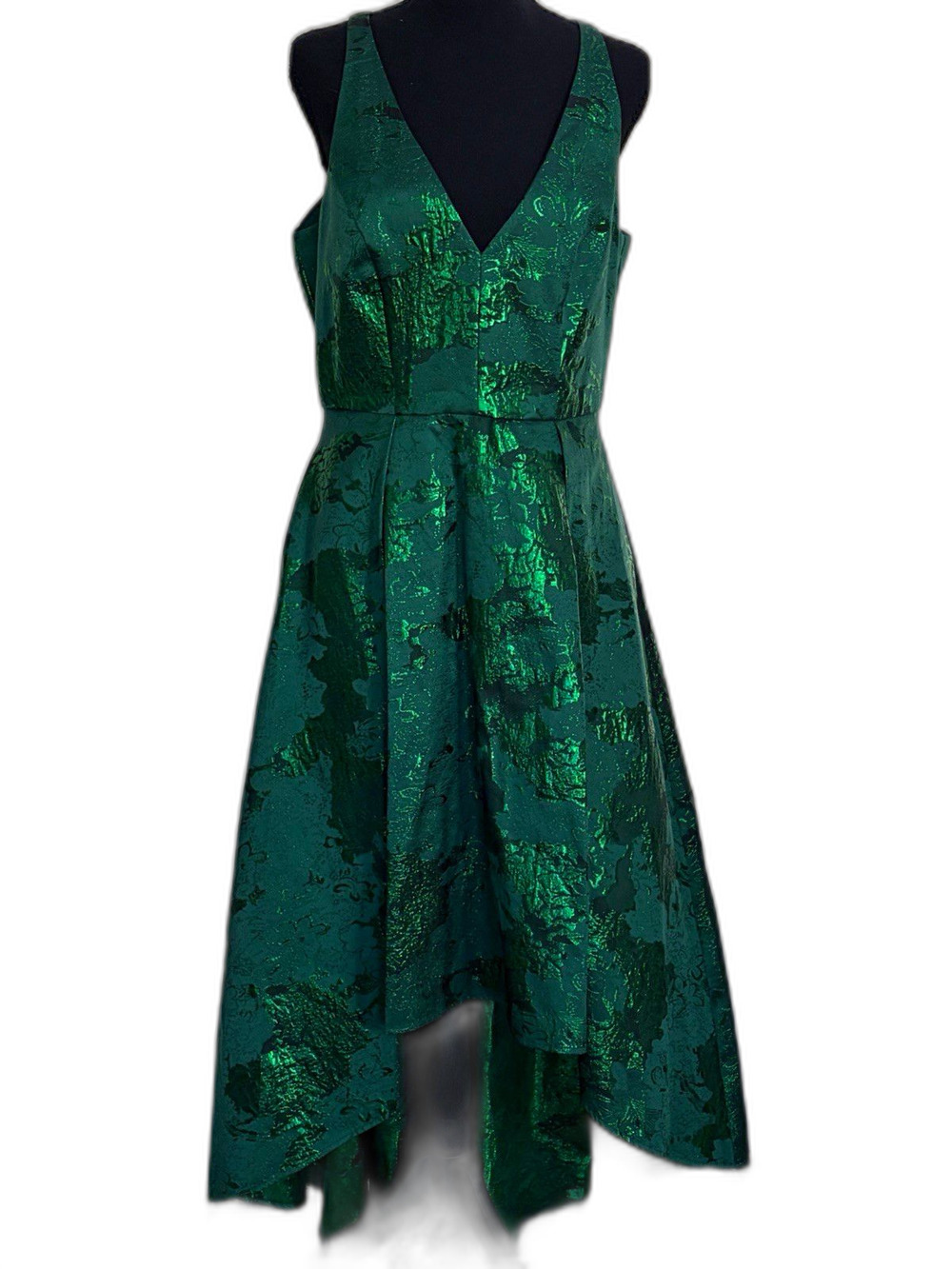 Belle Badgley Mischka Green Floral Jacquard V-Neck Hi-Low A-Line Dress 10